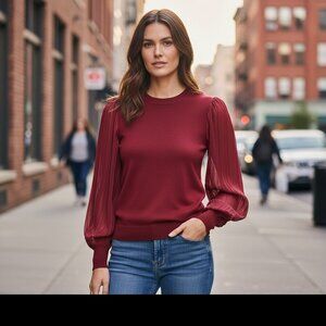 89th + Madison Solid Knit w/Metallic Striped Sleeve Top Sz S Red 184K